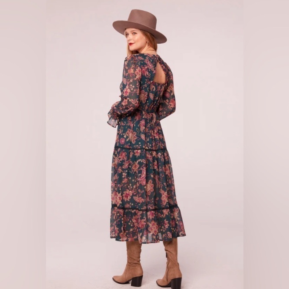 NWT Cowgirl Boho Cottagecore Prairie Pine Paisley Empire Waist MIDI Dress Size S